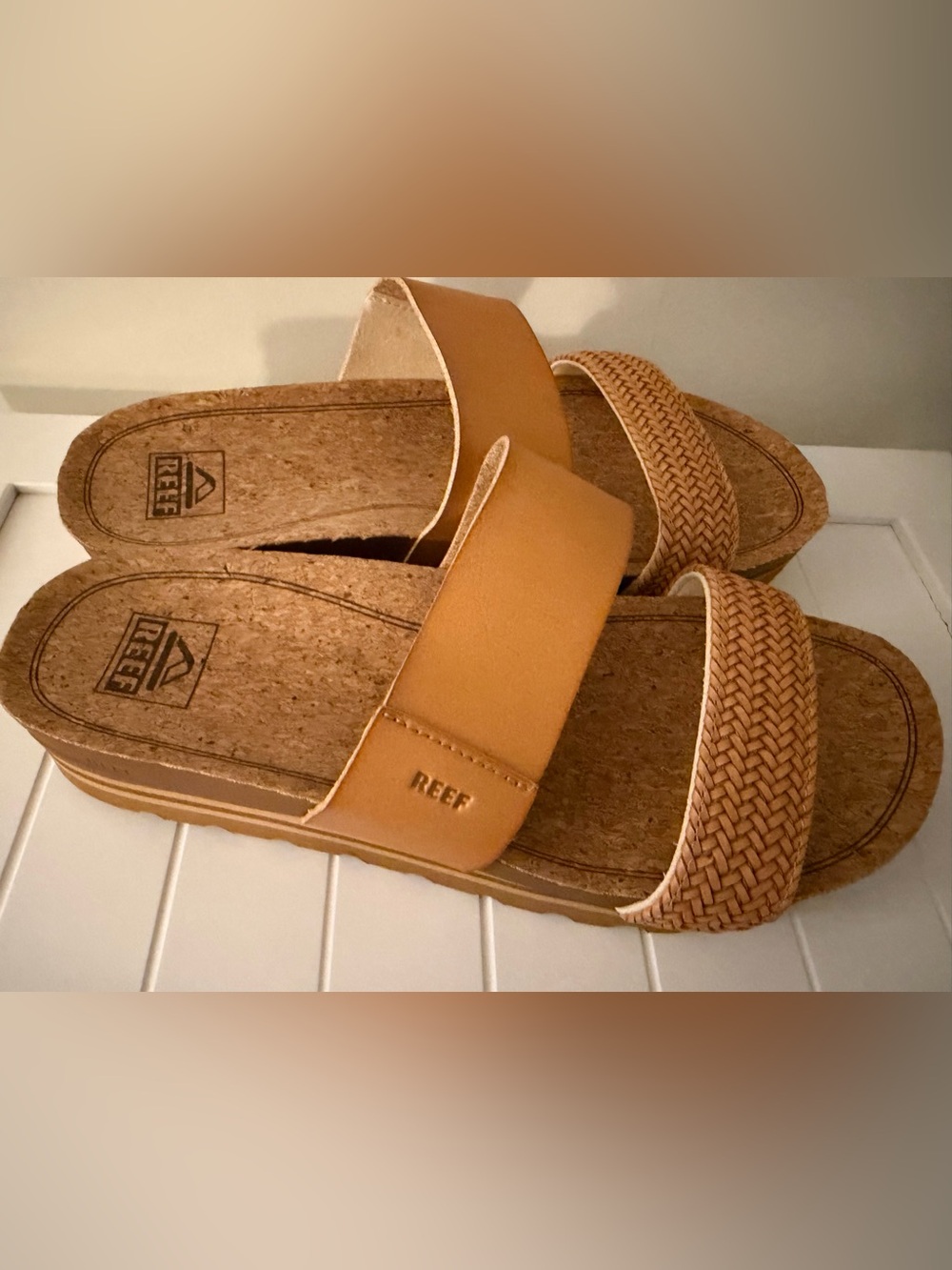 Reef Tan Slide Sandals - Comfort Cork Footbed - Picture 2 of 5